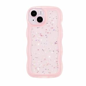 Pink iPhone 15 Plus Case 6.7",Cute Curly Wave Case with Star Glitter